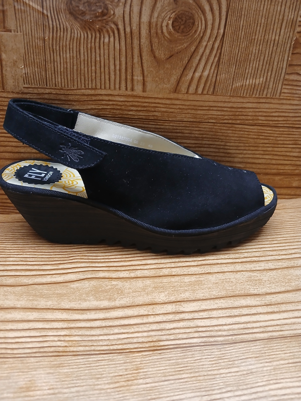 FLY LONDON Black Suede Open-Toe Wedge Sandals